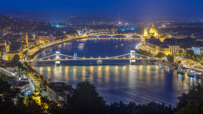 Buda Castle and Chain Bridge panorama from Gellert hill in the blue hour
