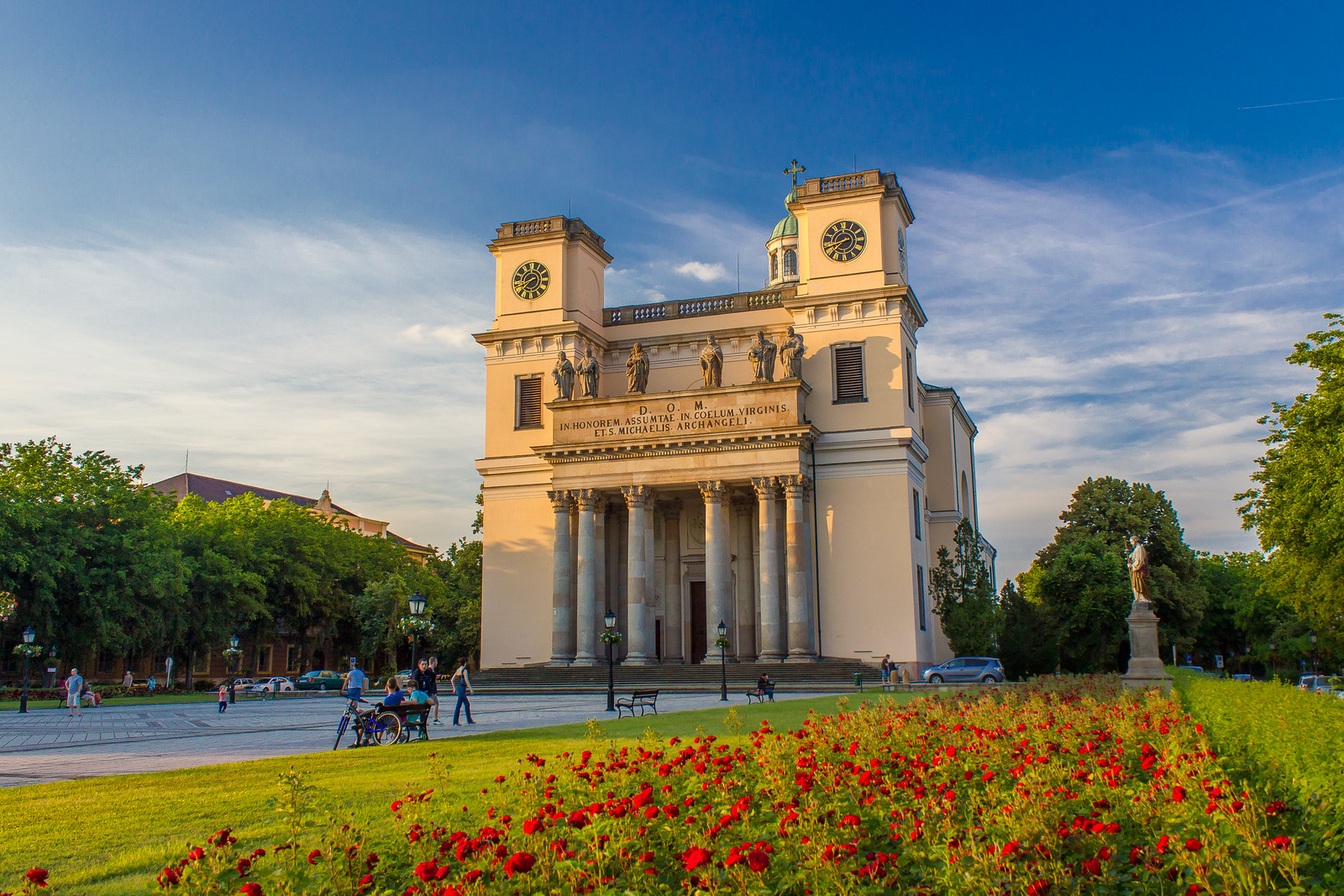 Cathedral of Vác in summer with roses