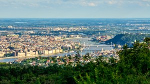 View of central Budapest from Harmashatar-hill. Danube, Parliame