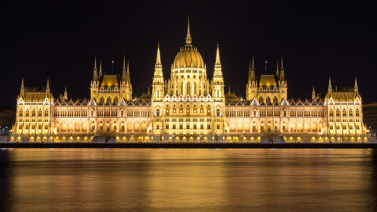 Opposite of Hungarian Parliament at night