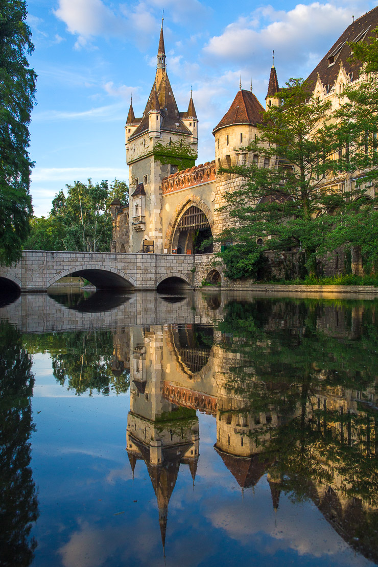 Tower of Vajdahunyad Castle with its reflection