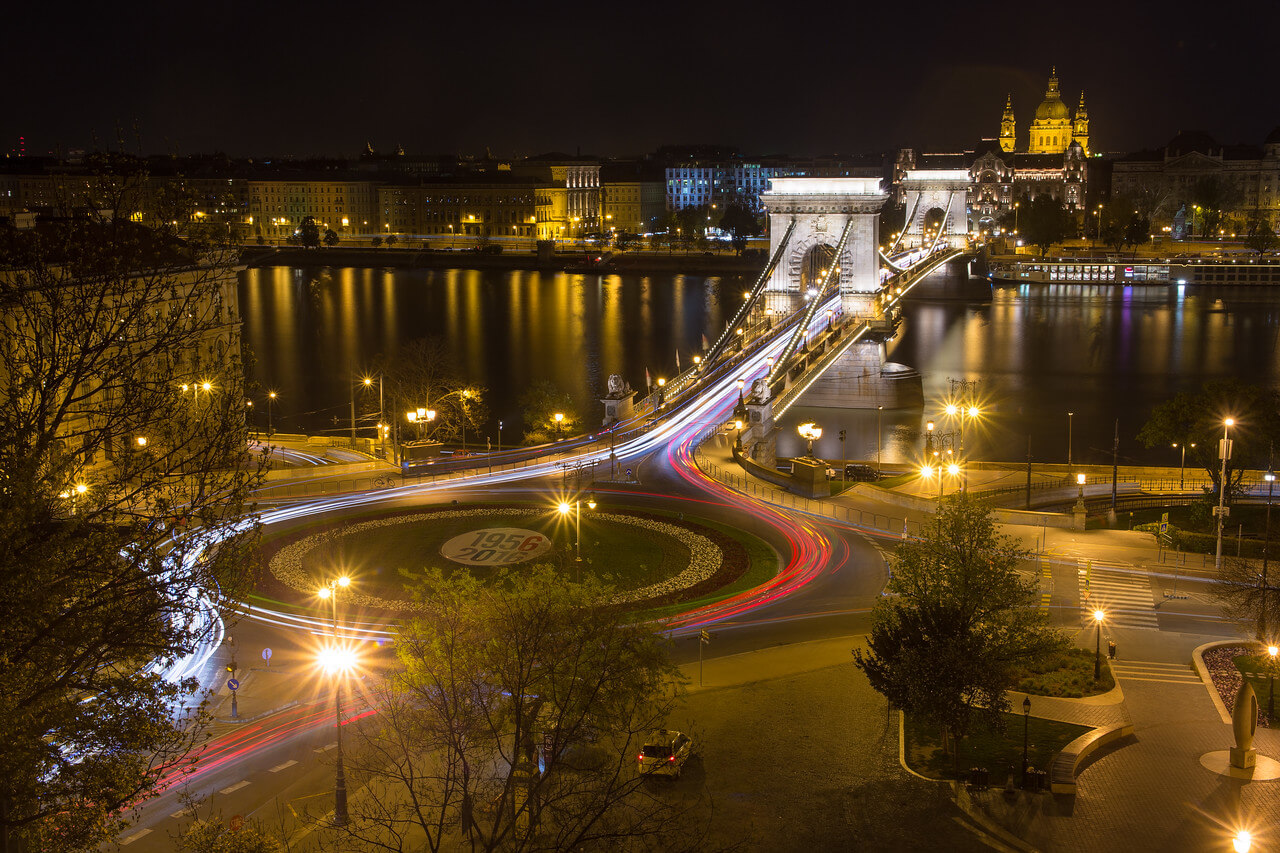 Chain Bridge and St Stephens Basilica from the funicular in Budapest at night