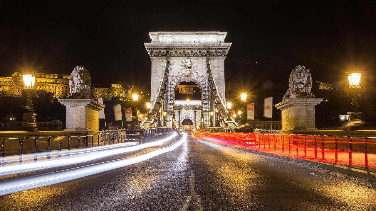 Chain Bridge in Budapest  at night with lighttrails