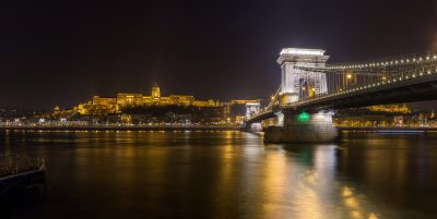 Buda Castle and Chain Bridge at night panorama