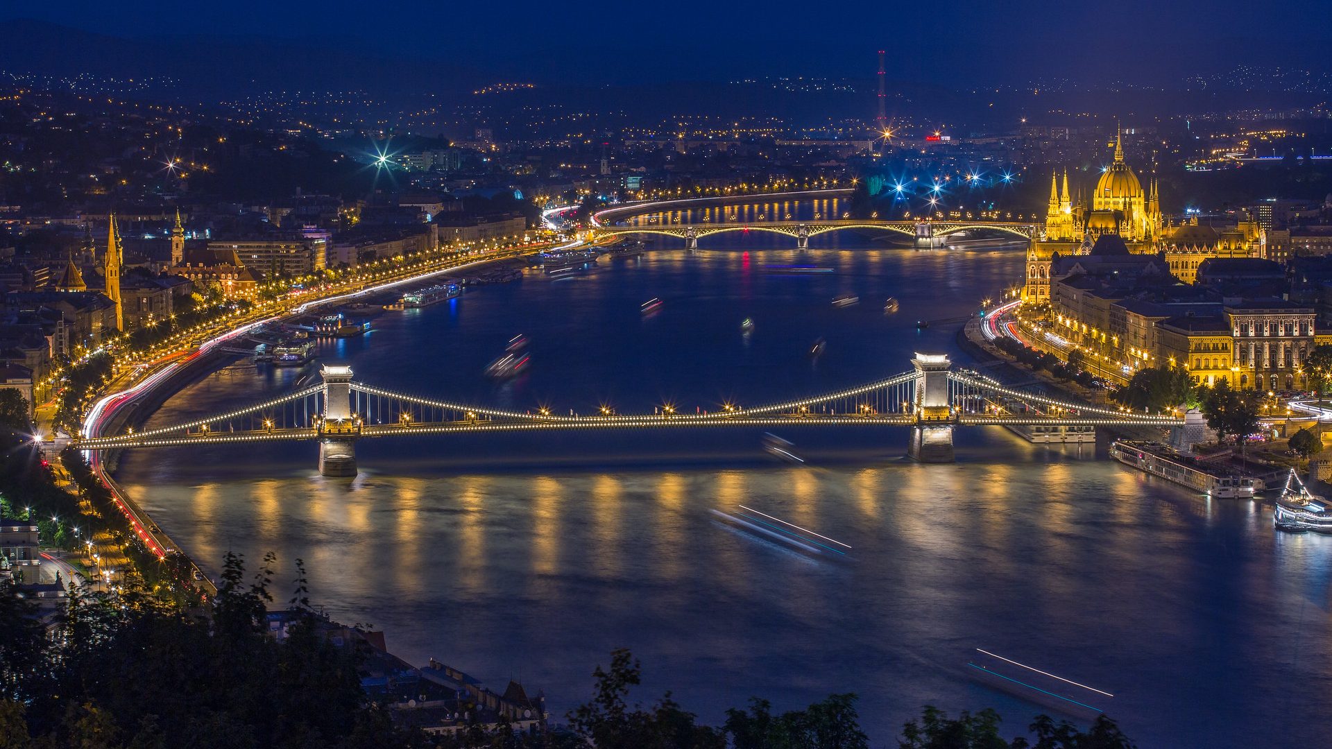 Buda Castle and Chain Bridge panorama from Gellert hill in the blue hour