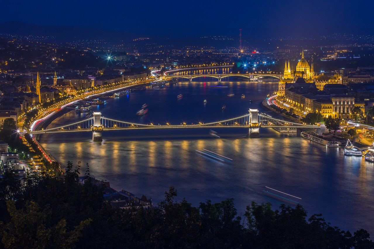 Chain bridge and Parliament from Citadel at night