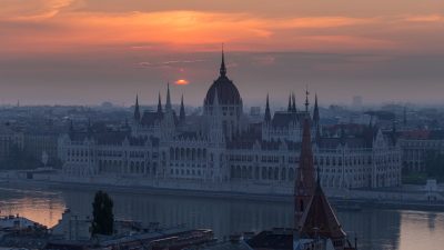 Sunrise behind Parliament Budapest