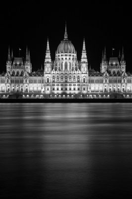 Budapest Parliament closeup with reflection at night