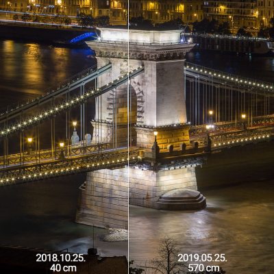 Low vs high of Danube level on Chain Bridge Budapest