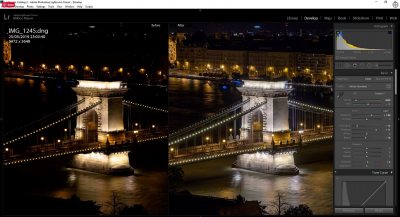 night photo of Budapest processed in Lightroom