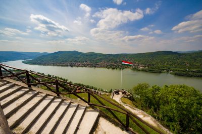 Visegrad Castle and Danube Bend view wide angle stairs and flag