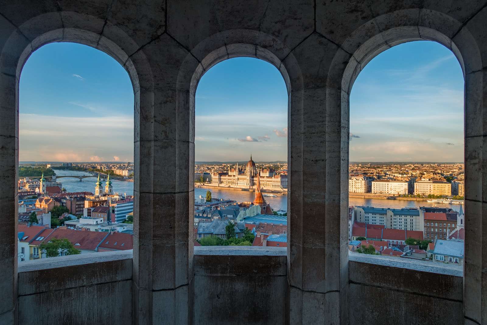 Parliament through the arches of Fishermens Bastion